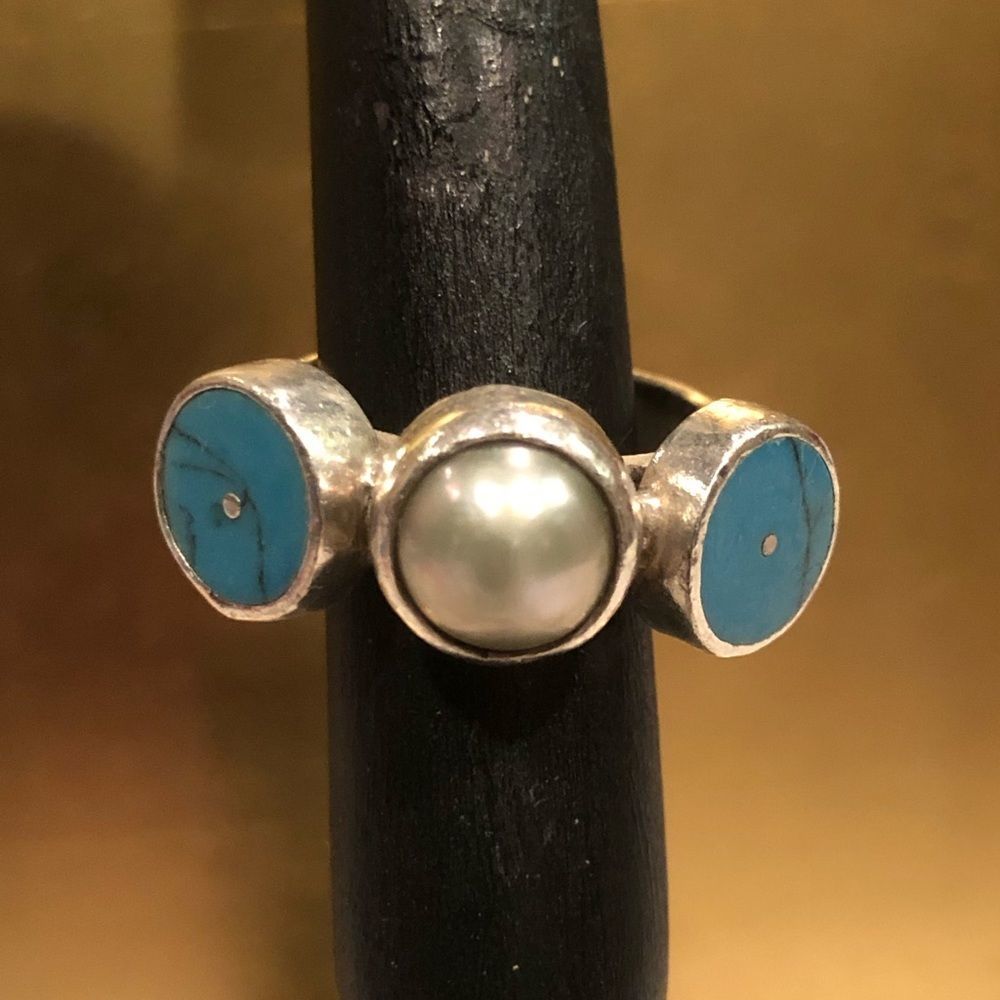 Vintage Sterling Silver Ring w/ Turquoise & Pearl